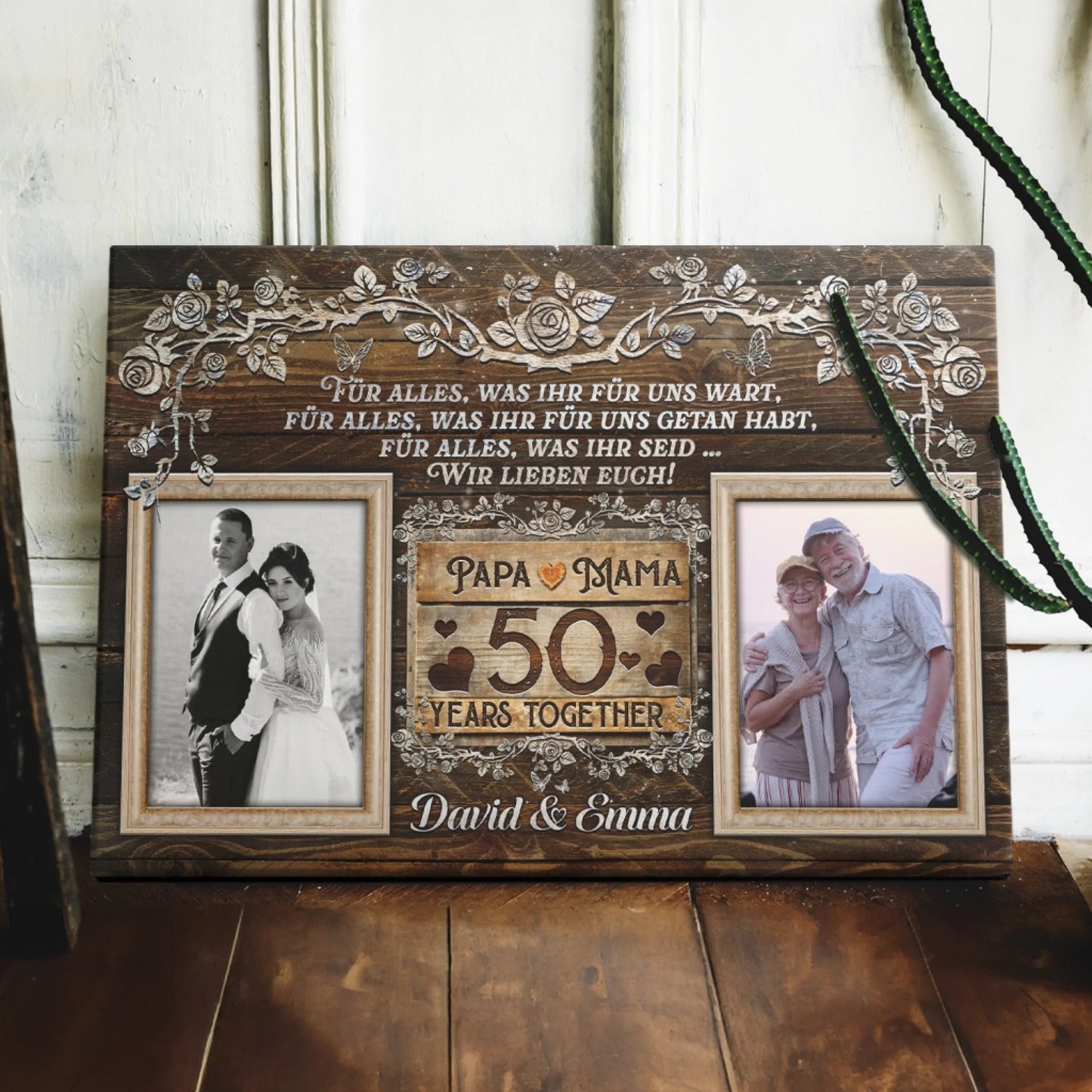 Personalized 50th wedding anniversary canvas wall art with custom photos and floral border for parents golden gift.