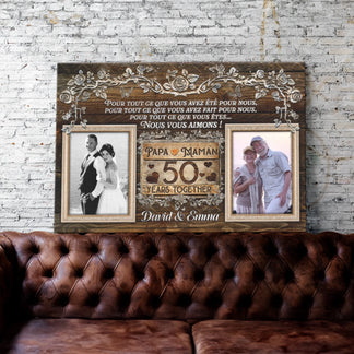 Decorative 50th anniversary custom photo canvas displayed on a leather couch for parents wedding celebration