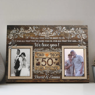 Rustic style 50th wedding anniversary gift canvas featuring two photo slots and personalized names for the couple.