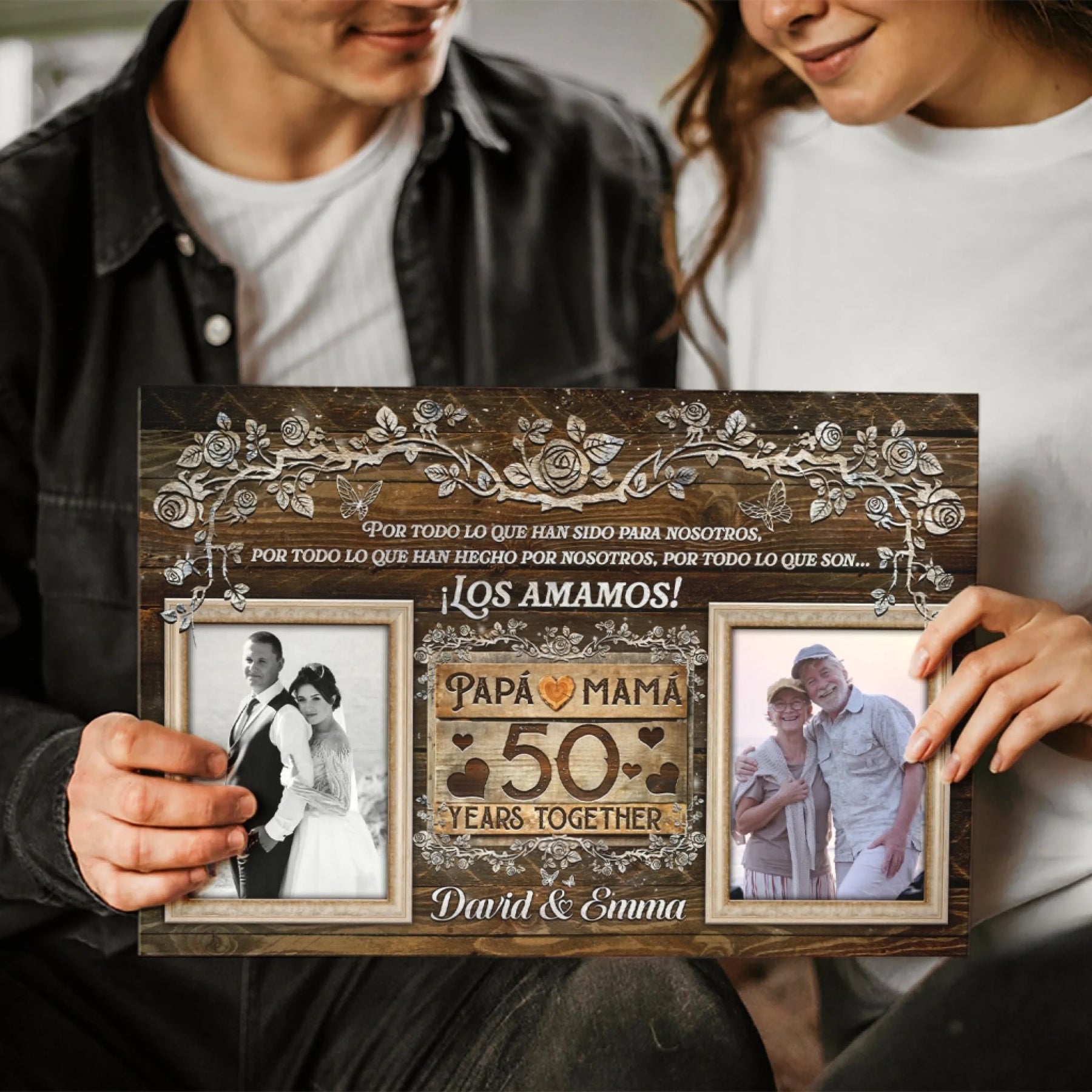 50th wedding anniversary photo canvas with rustic wood background and heartfelt message for mom and dad.
