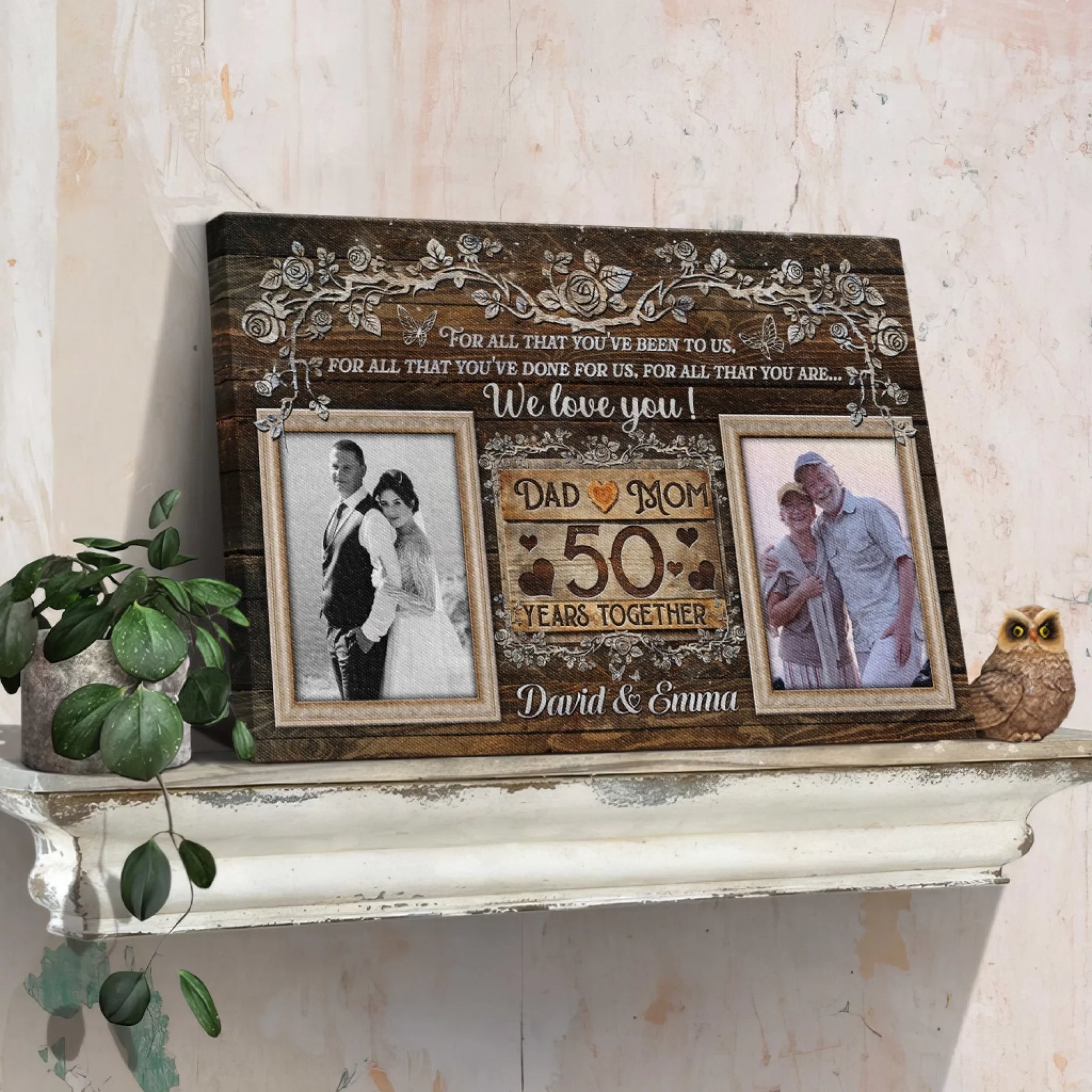 Rustic 50th anniversary wooden style canvas display with custom couple photos for a special wedding milestone gift.