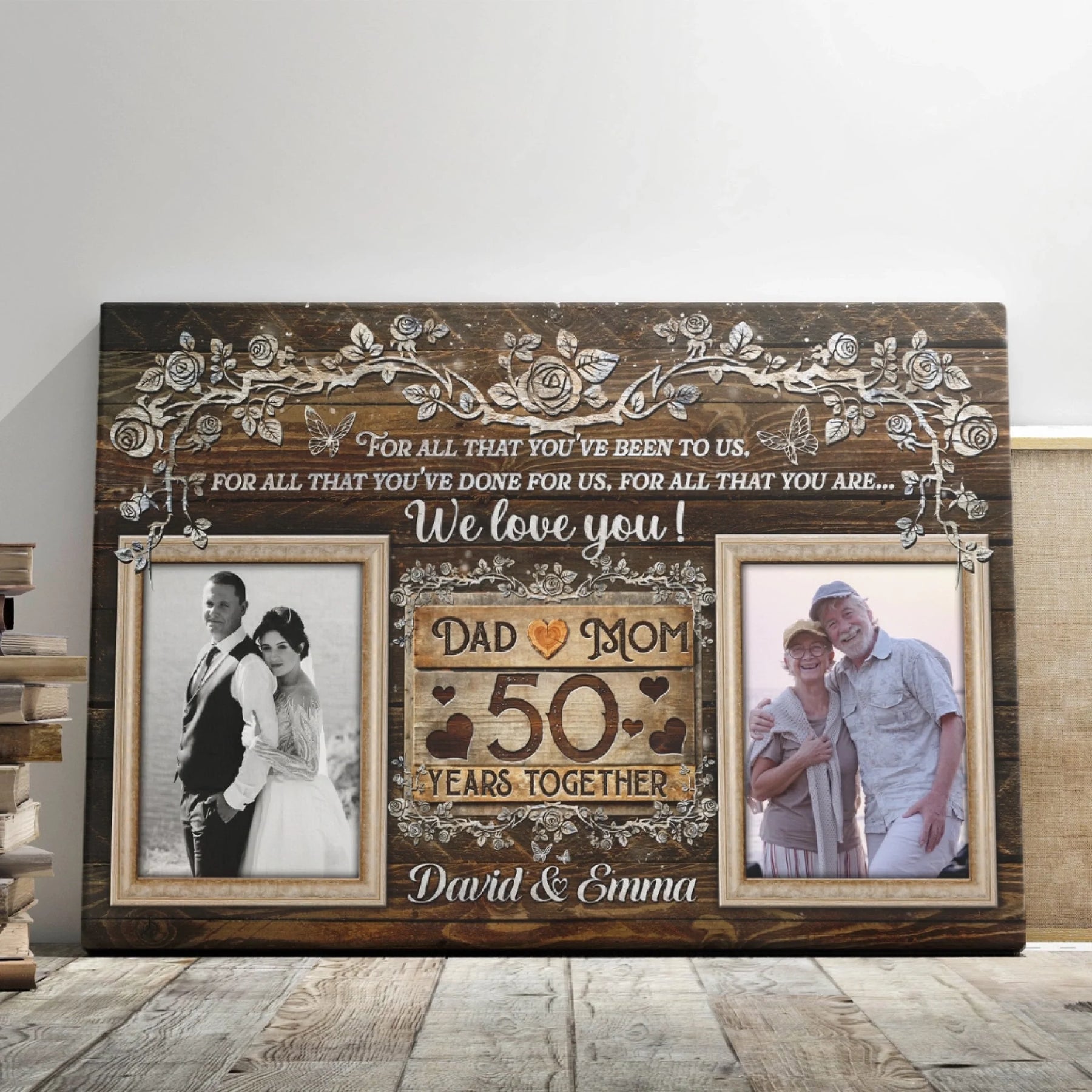 Personalized 50th anniversary canvas with two custom photos and romantic text for parents golden wedding anniversary.