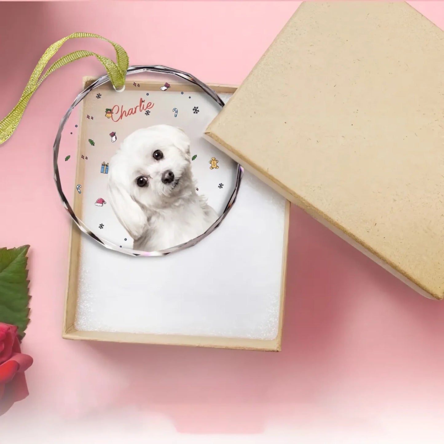 Personalized dog mom acrylic holiday ornament with custom pet photo and christmas icons - Jollimate