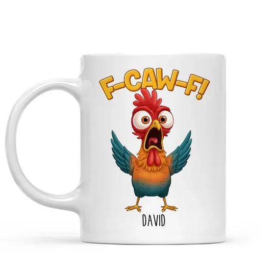 Personalized chicken mug in white with funny f-caw-f middle finger graphic front view - Jollimate
