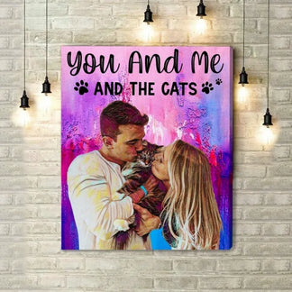 Personalized cat mom canvas with custom couple and cat oil painting style portrait front view - Jollimate