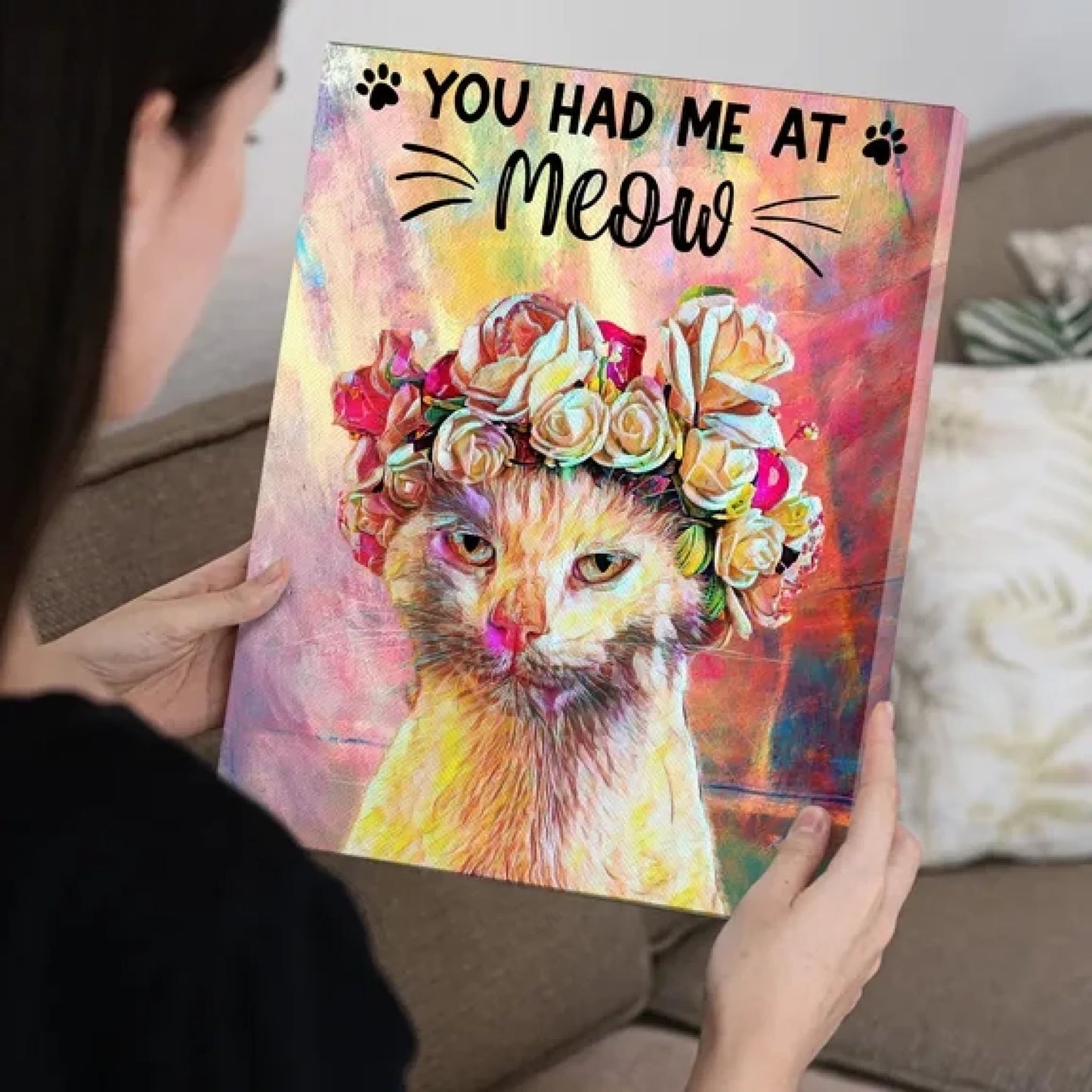 Personalized cat mom canvas with custom couple and cat oil painting style portrait front view - Jollimate
