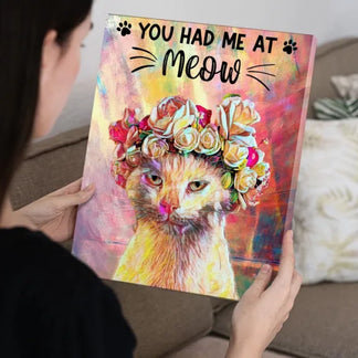 Personalized cat mom canvas with custom couple and cat oil painting style portrait front view - Jollimate