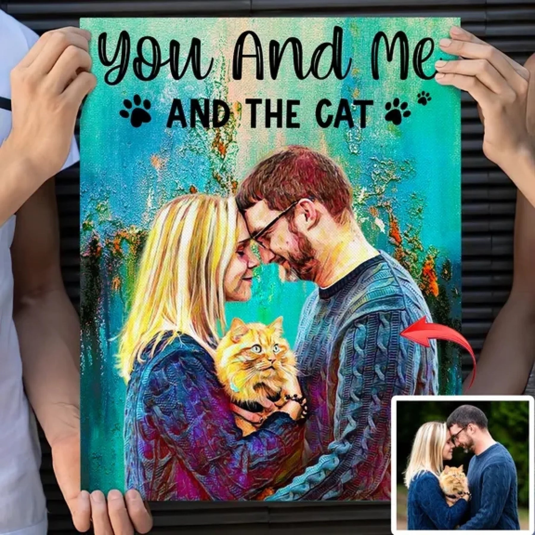Personalized cat mom canvas with custom couple and cat oil painting style portrait front view - Jollimate
