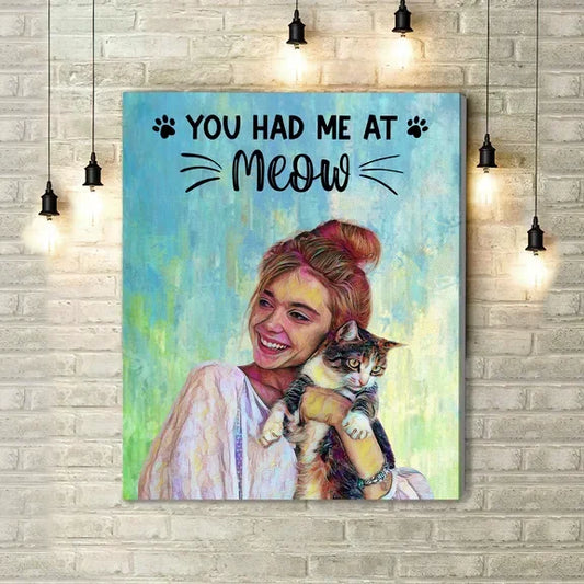 Personalized cat mom canvas with custom couple and cat oil painting style portrait front view - Jollimate