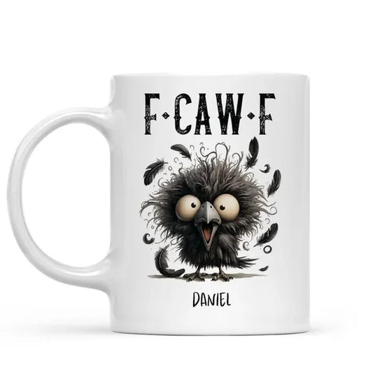 Personalized bird lover mug in white with funny f-caw-f black crow and name front view - Jollimate
