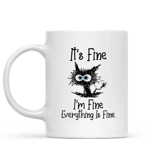 White mug with a black cat illustration and text on a white background