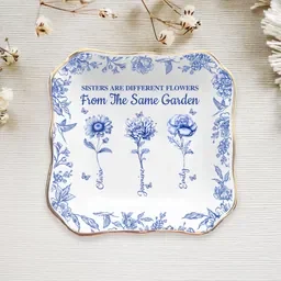 Birth Flower Jewelry Tray - Sisters Are Different Flowers From The Same Garden - Toile De Jouy - Gift For Sisters, Friends - Personalized Ceramic Trinket Tray