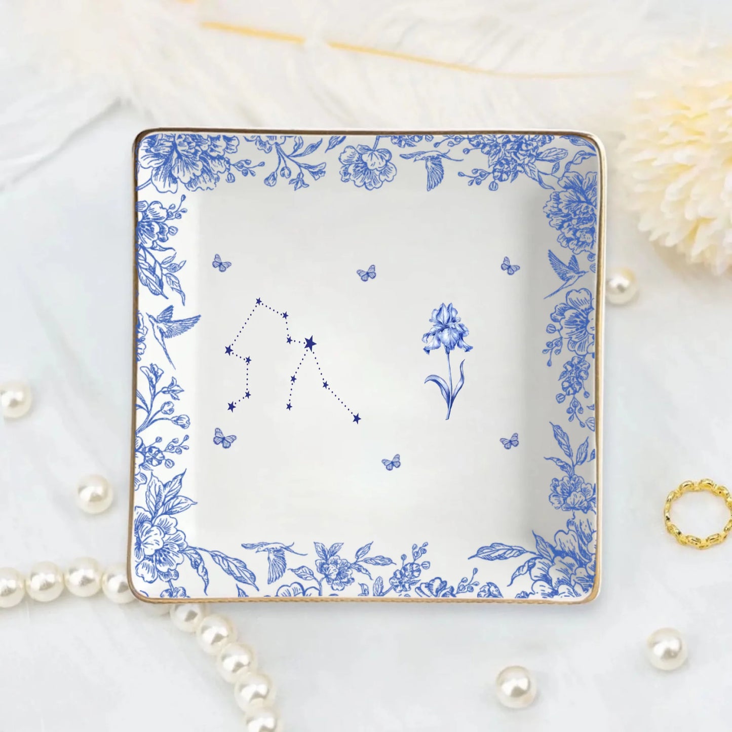 Birth Flower Jewelry Tray - Sisters Are Different Flowers From The Same Garden - Toile De Jouy - Gift For Friends - Personalized Ceramic Trinket Tray