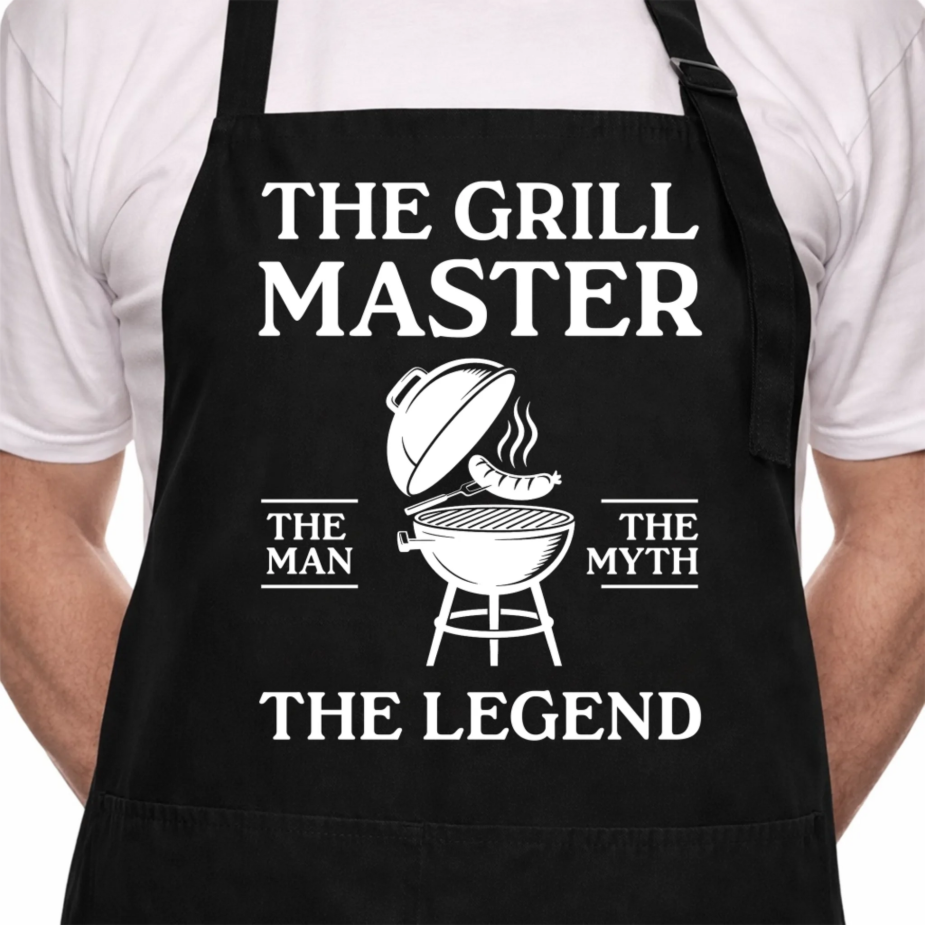 Personalized black apron with grill master bbq legend design front view - Jollimate