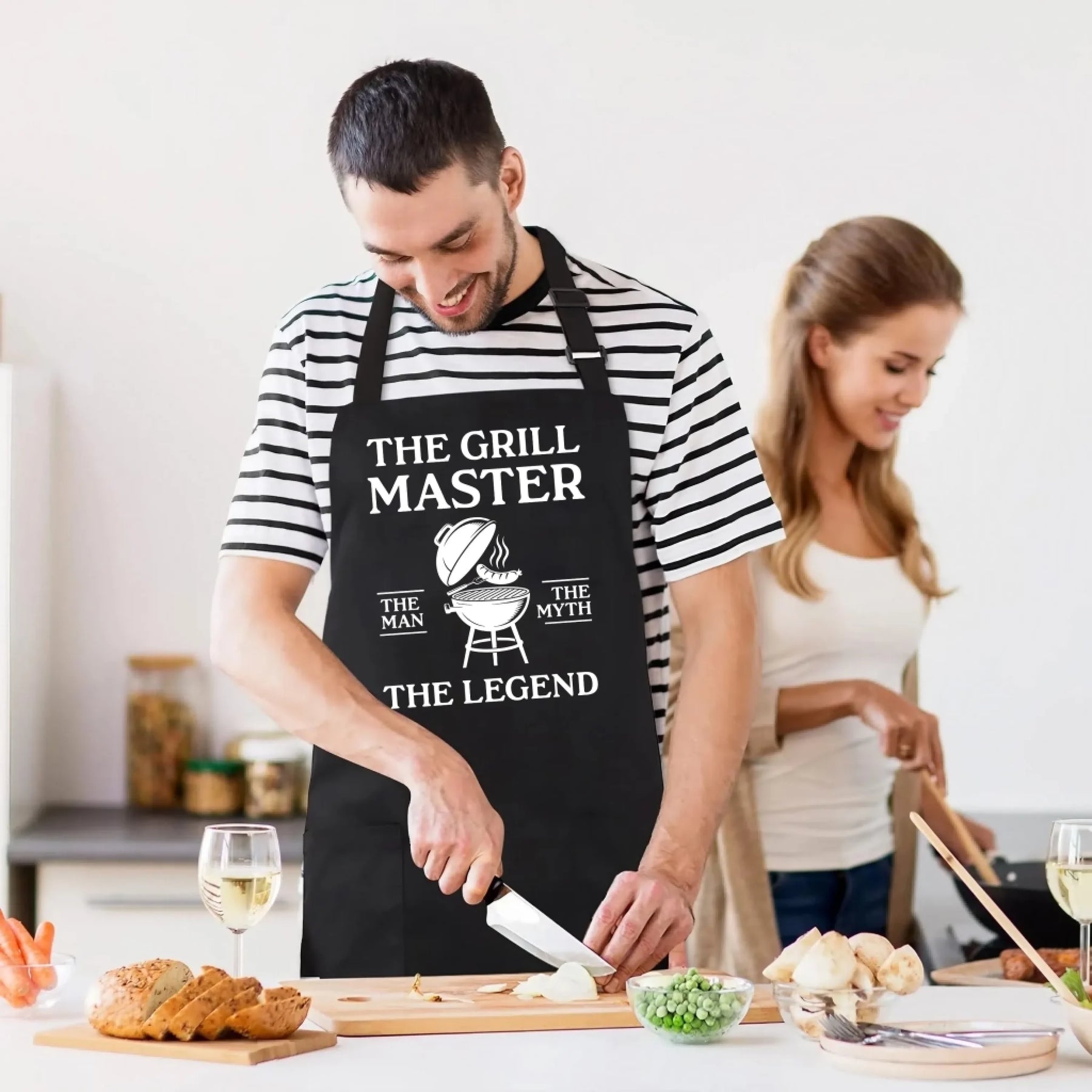 Personalized black apron with grill master bbq legend design front view - Jollimate