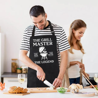 Personalized black apron with grill master bbq legend design front view - Jollimate