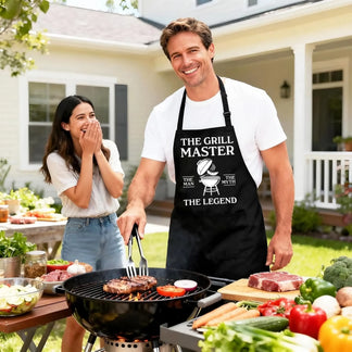 Personalized black apron with grill master bbq legend design front view - Jollimate