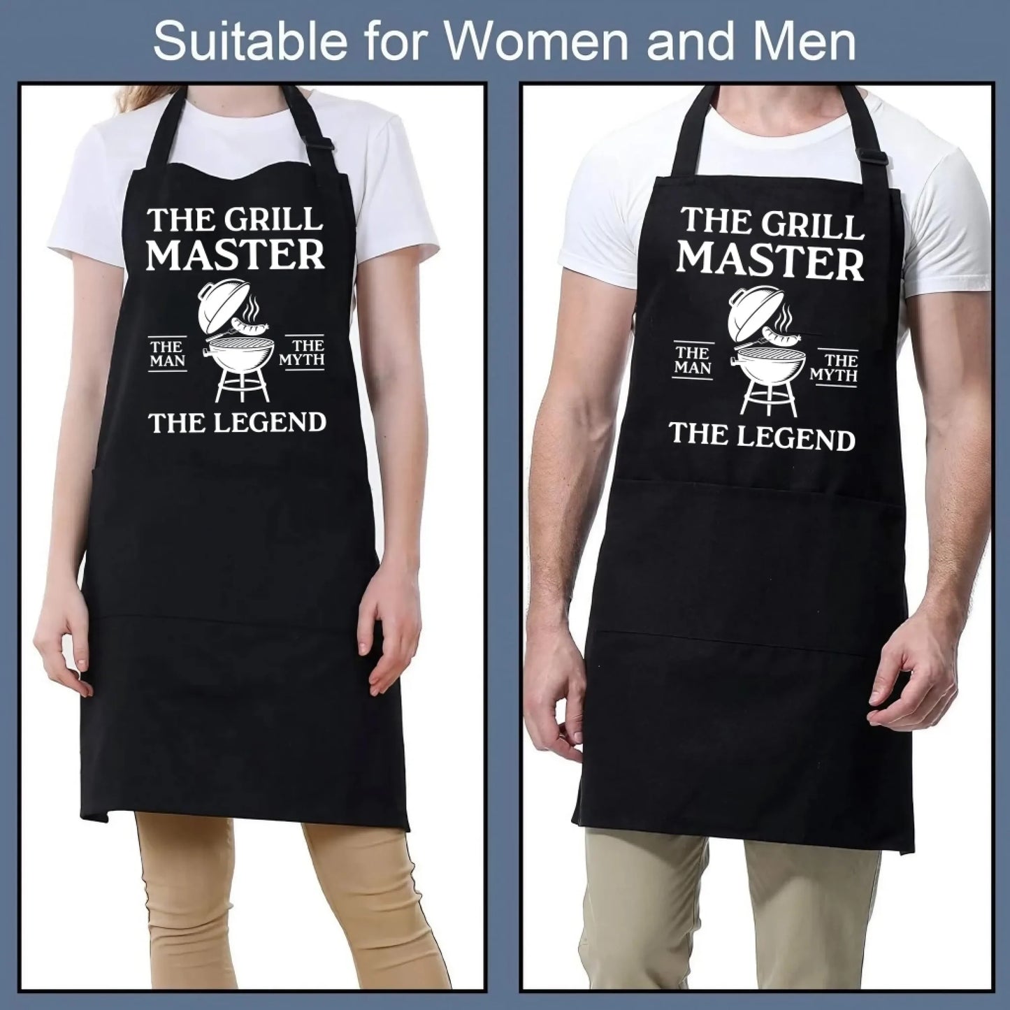 Personalized black apron with grill master bbq legend design front view - Jollimate