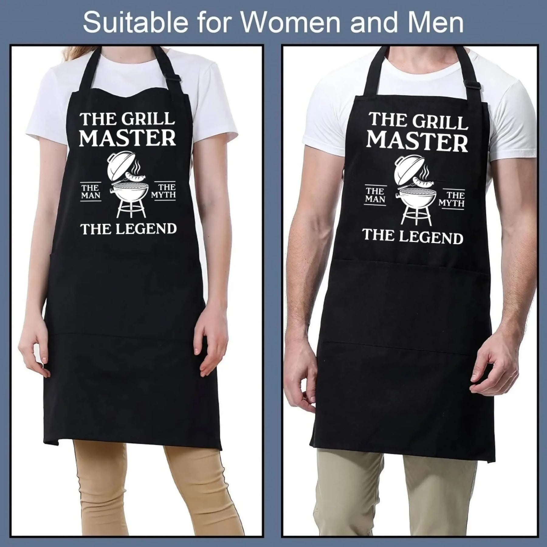 Personalized black apron with grill master bbq legend design front view - Jollimate
