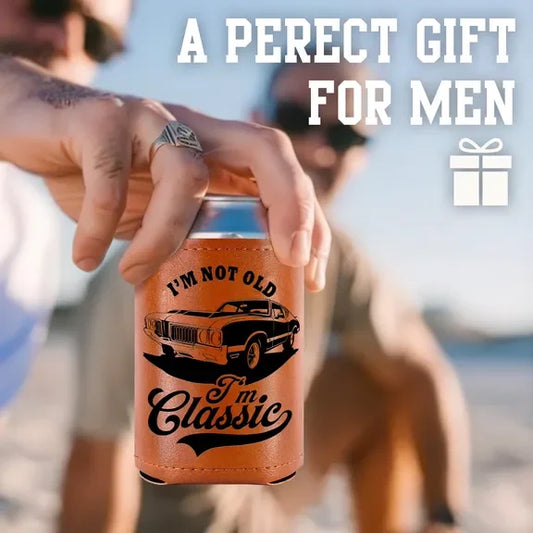 Person holding a leather can holder with 'I'm not old, I'm classic' text and car illustration, with text 'A perfect gift for men' and gift icon.