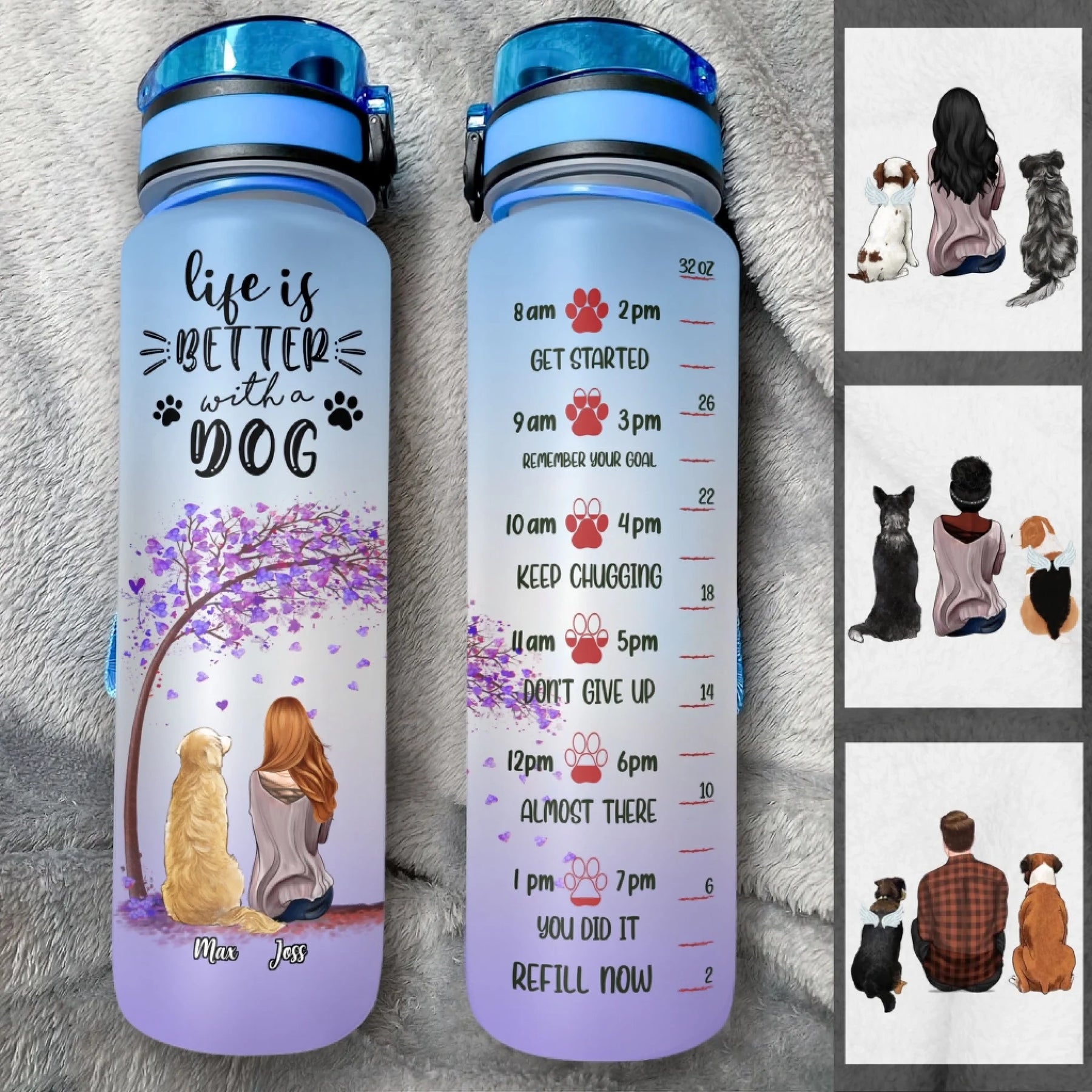 Two water bottles with dog-themed designs and text on a textured surface.
