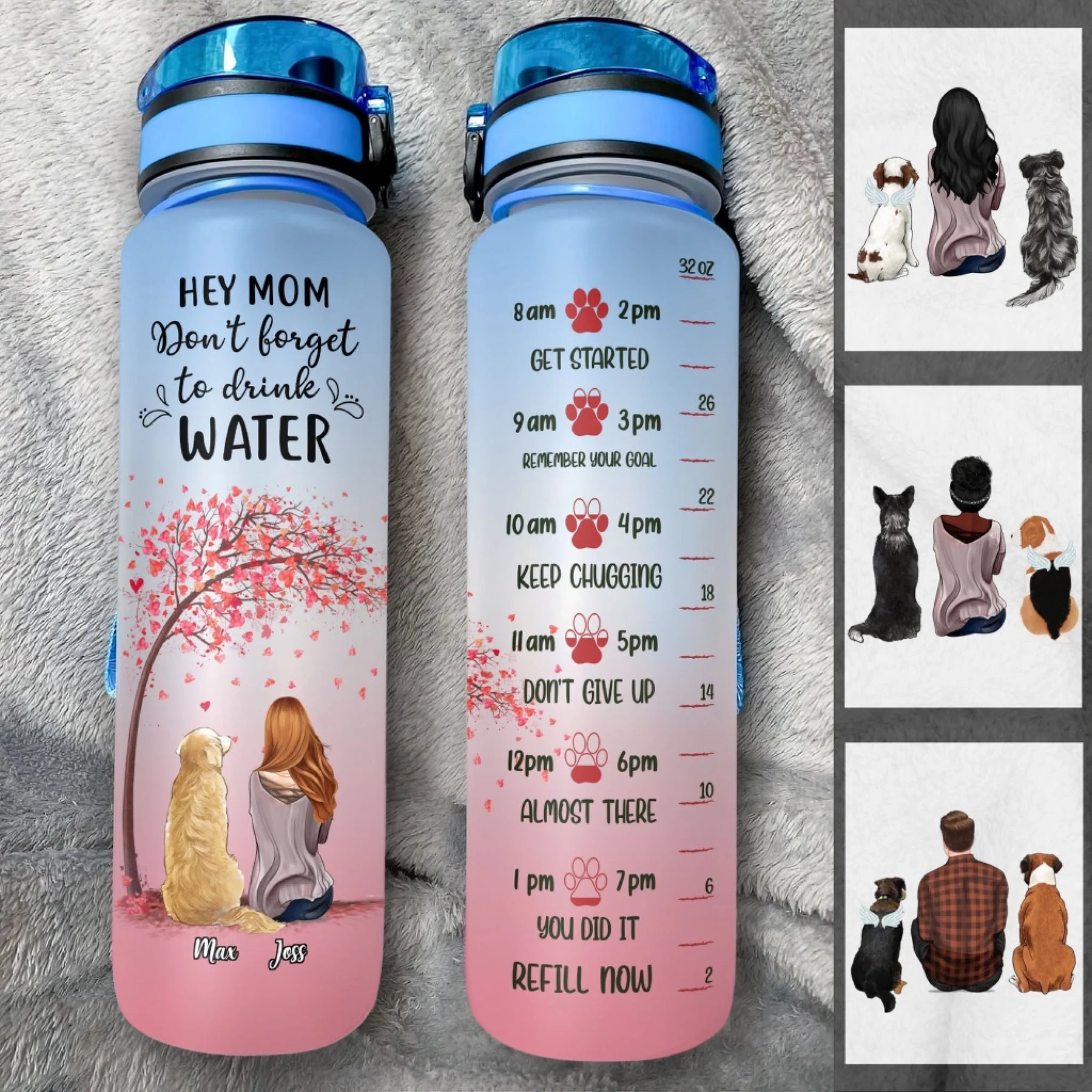 Two water bottles with motivational text and a pink design on a gray surface.