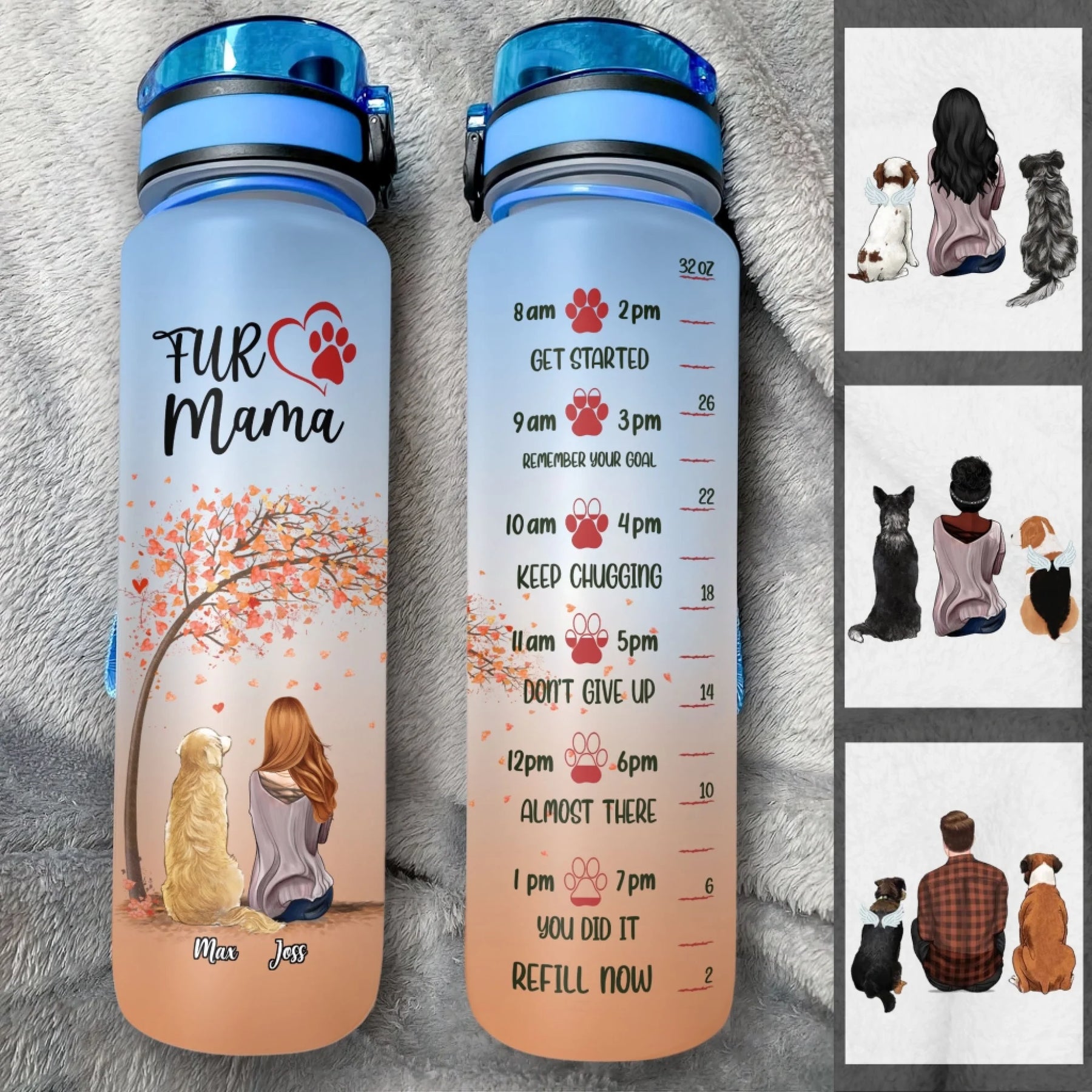 Two water bottles with personalized designs and text on a textured surface.