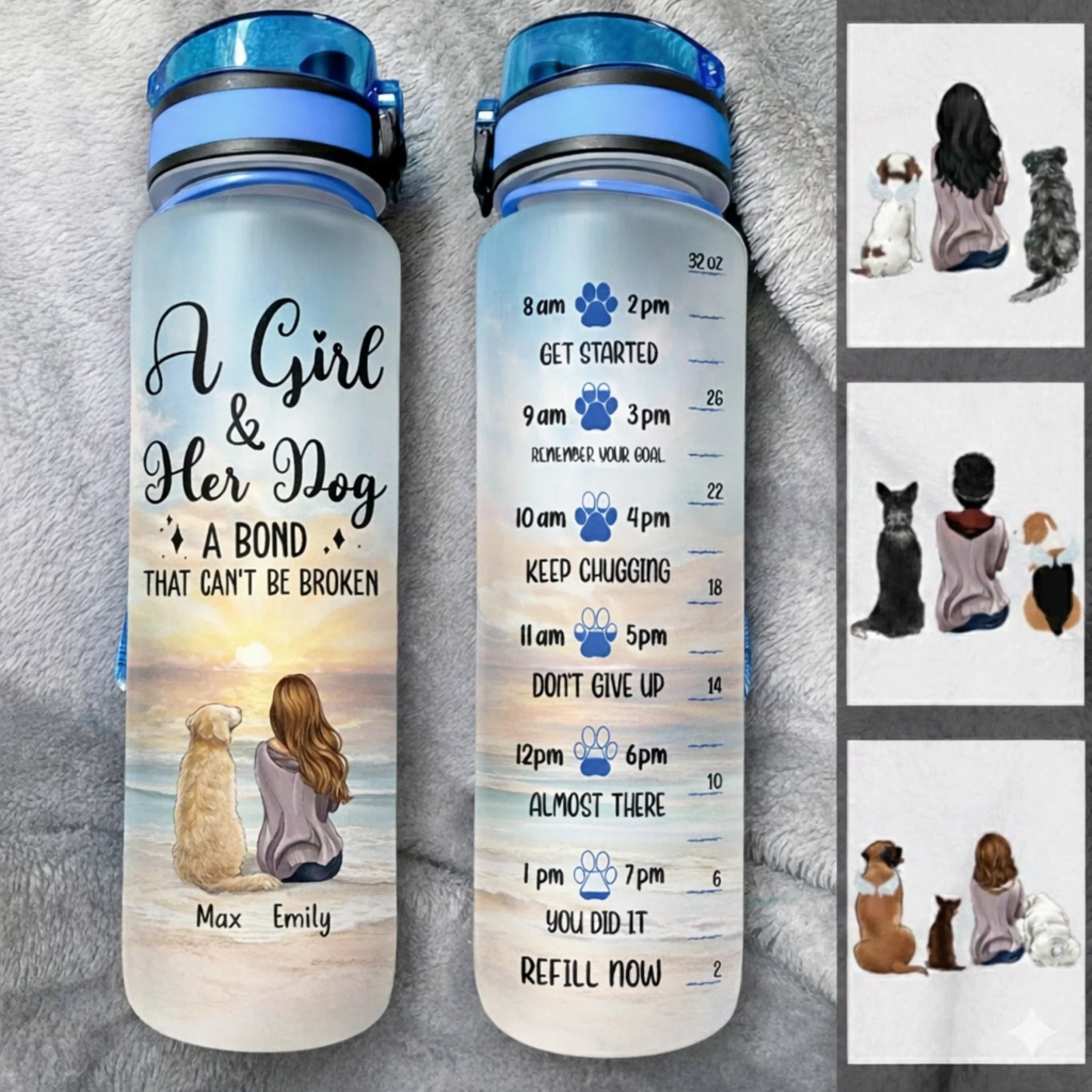 Two water bottles with dog-themed designs and text on a gray surface.