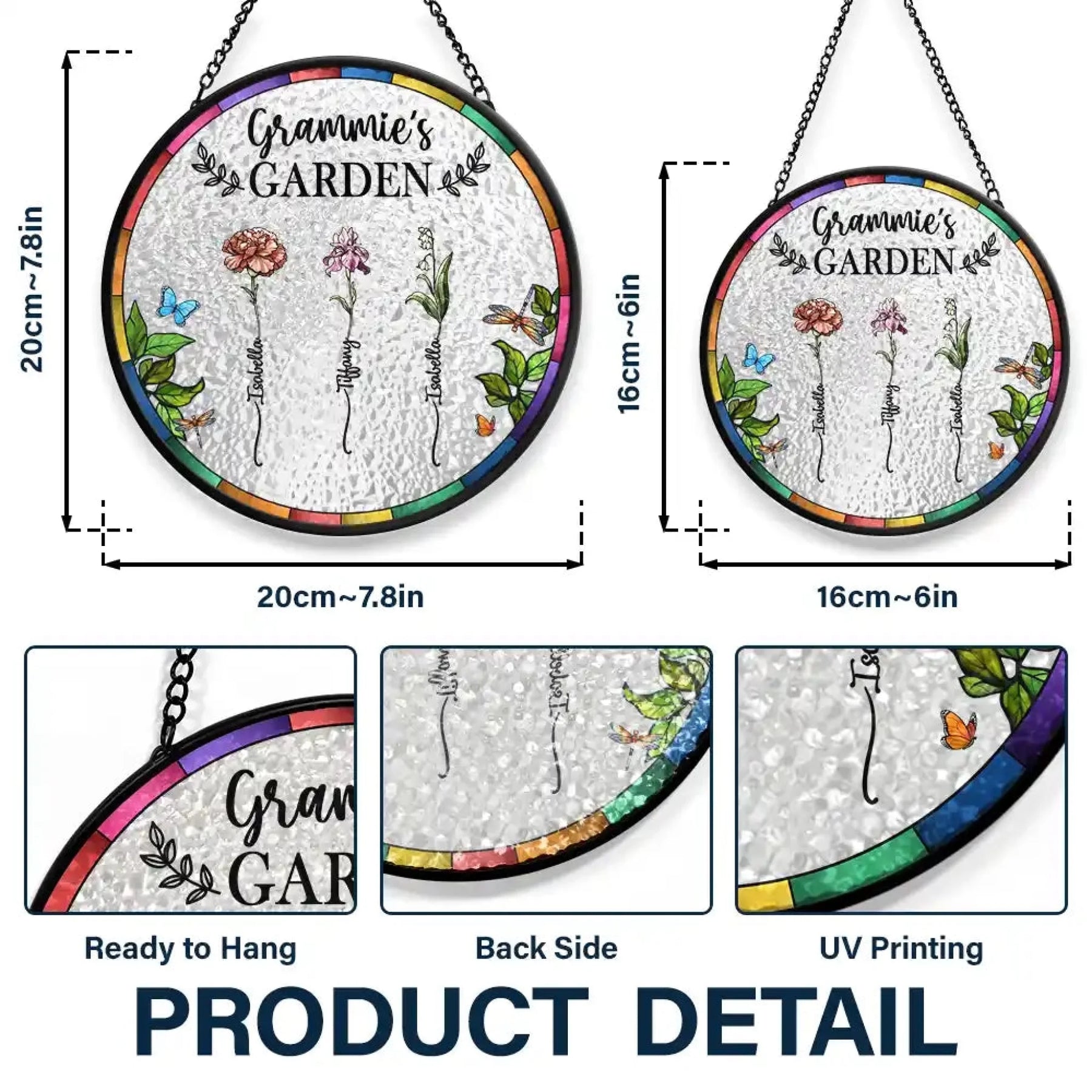 Decorative glass panel with 'Mama Garden' text and floral designs, hanging against a blurred greenery background.