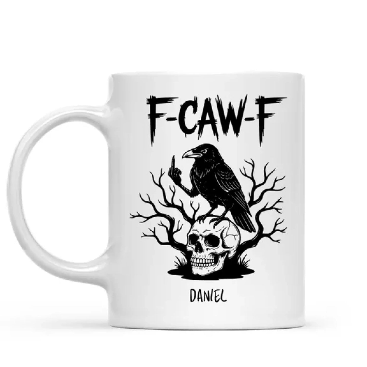 Personalized bird lover mug in white with funny f-caw-f black crow and name front view - Jollimate
