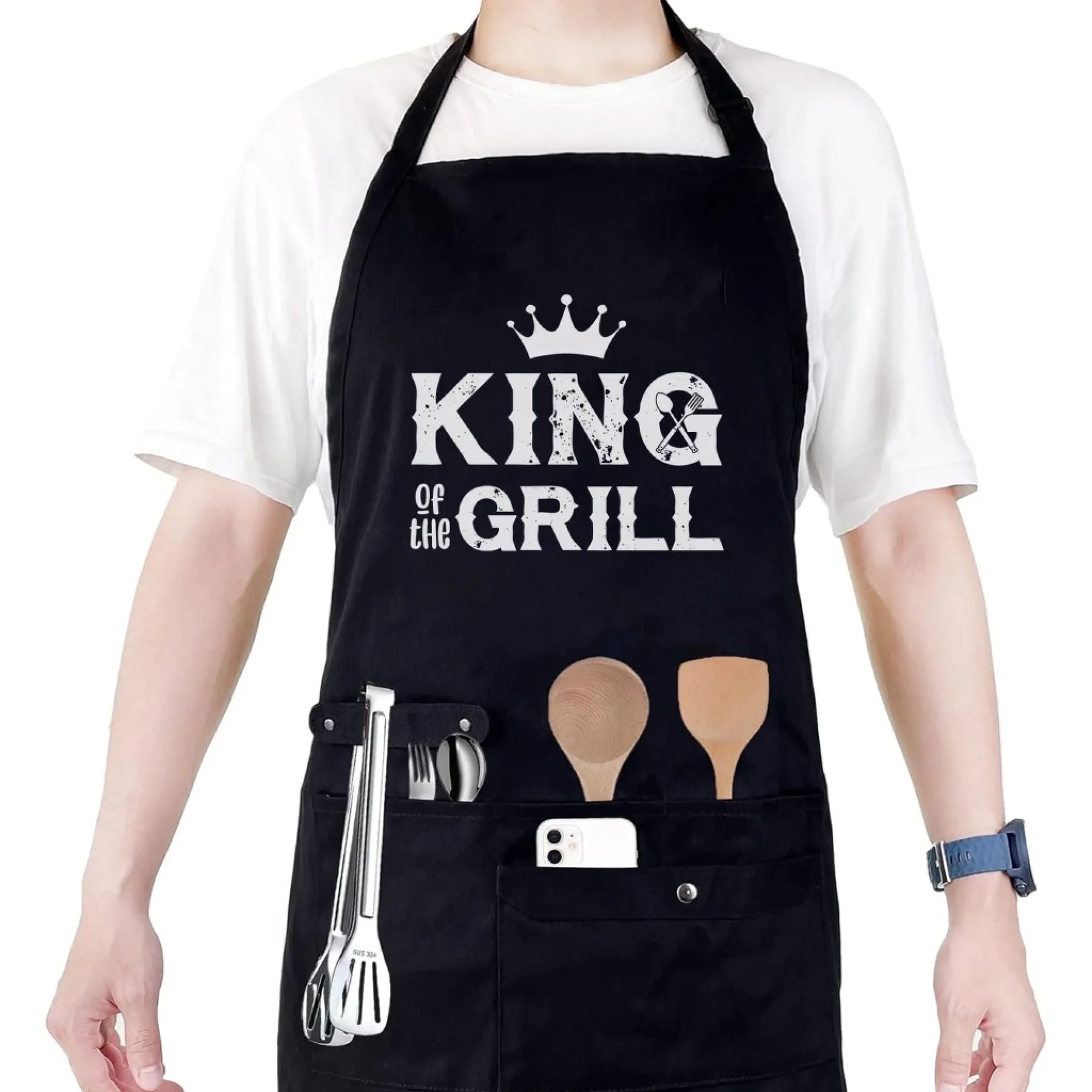 Personalized black apron with lets cook text and kitchen tools front view - Jollimate