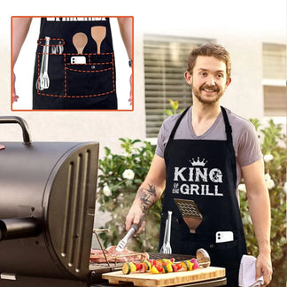 Personalized black apron with lets cook text and kitchen tools front view - Jollimate