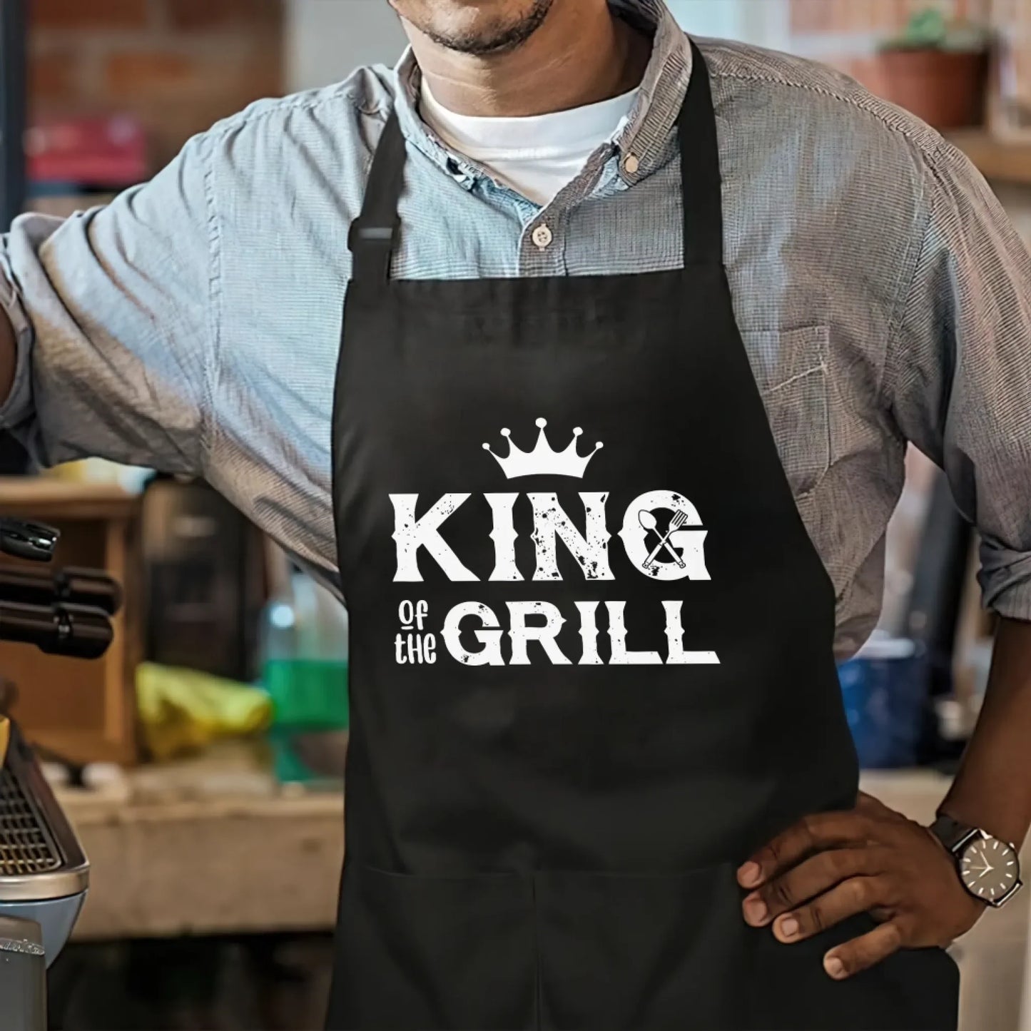 Personalized black apron with lets cook text and kitchen tools front view - Jollimate