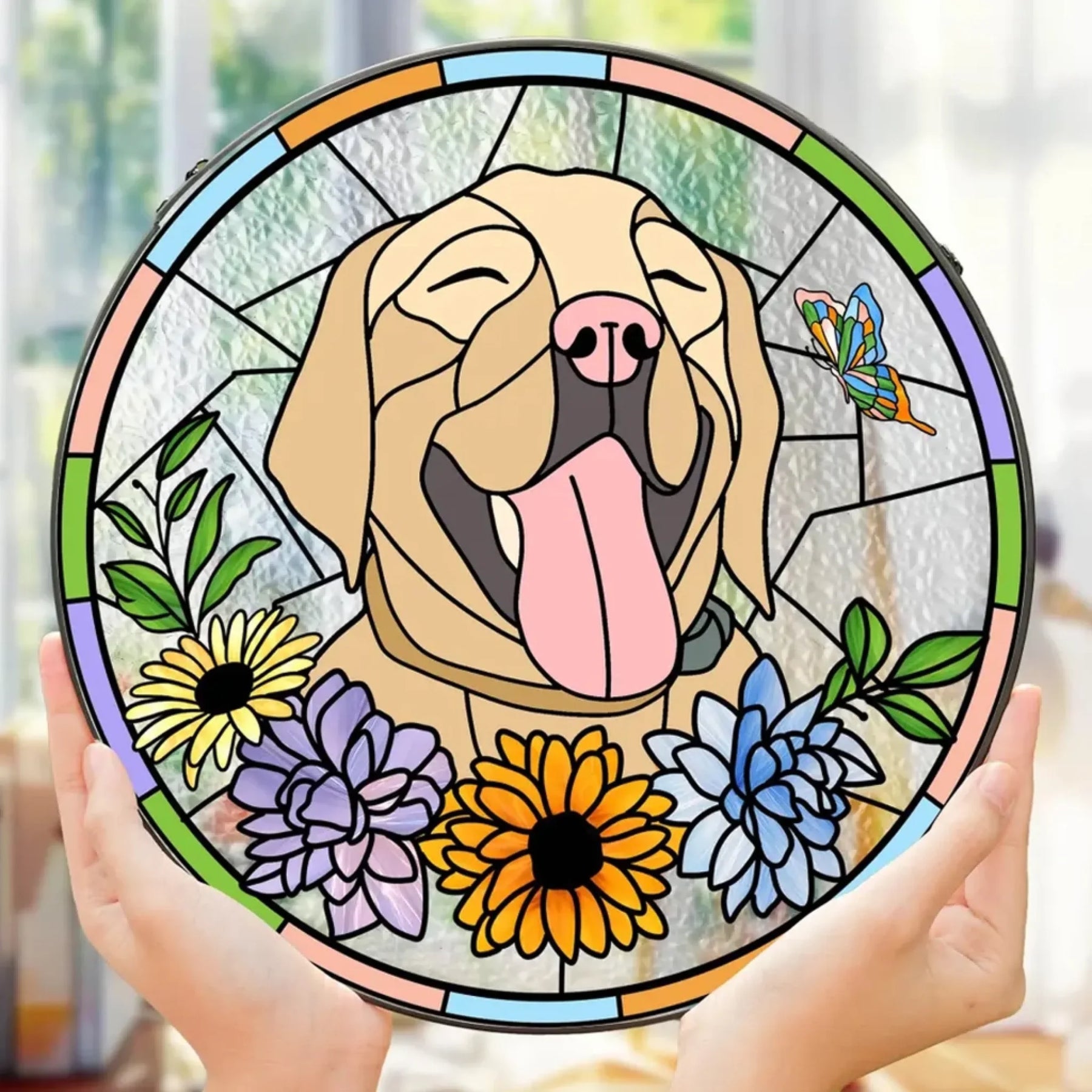 Custom glass suncatcher with floral butterfly stained glass design front view - Jollimate