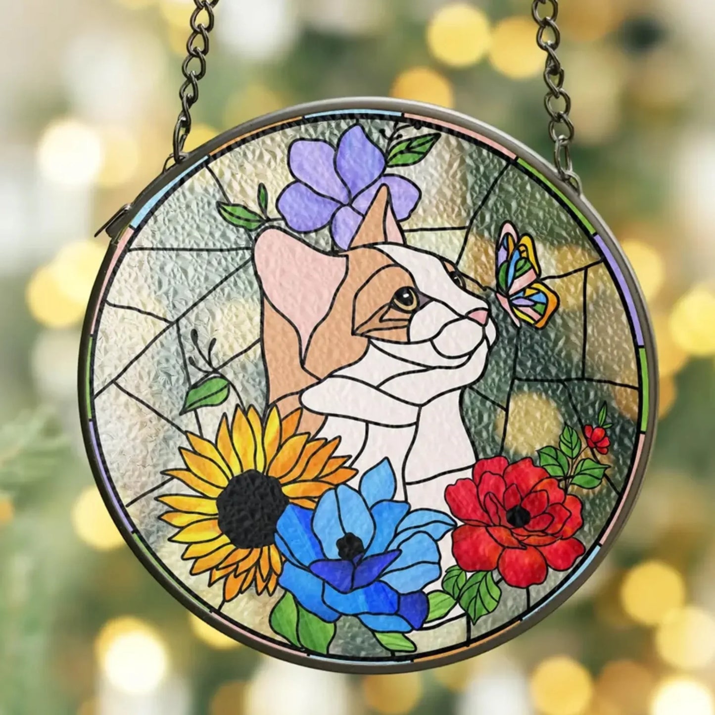 Custom glass suncatcher with floral butterfly stained glass design front view - Jollimate