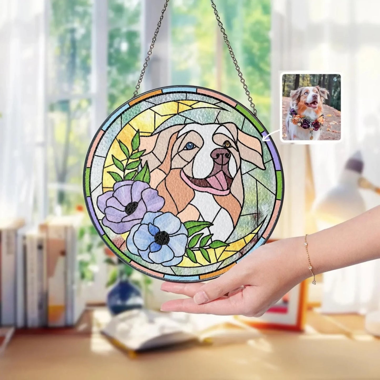 Custom glass suncatcher with floral butterfly stained glass design front view - Jollimate