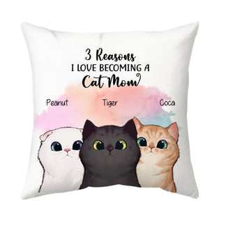 White throw pillow with 3 reasons I love becoming a cat mom graphic front view - Jollimate