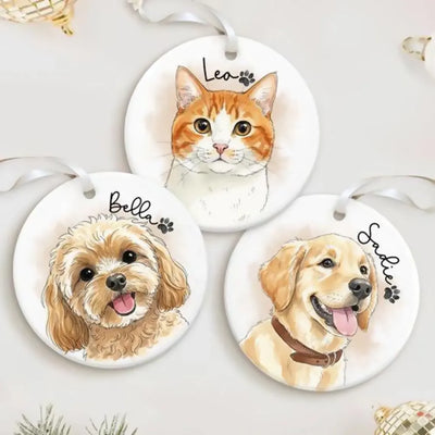 Personalized pet lover ceramic ornament in white with three custom watercolor pet portraits - Jollimate