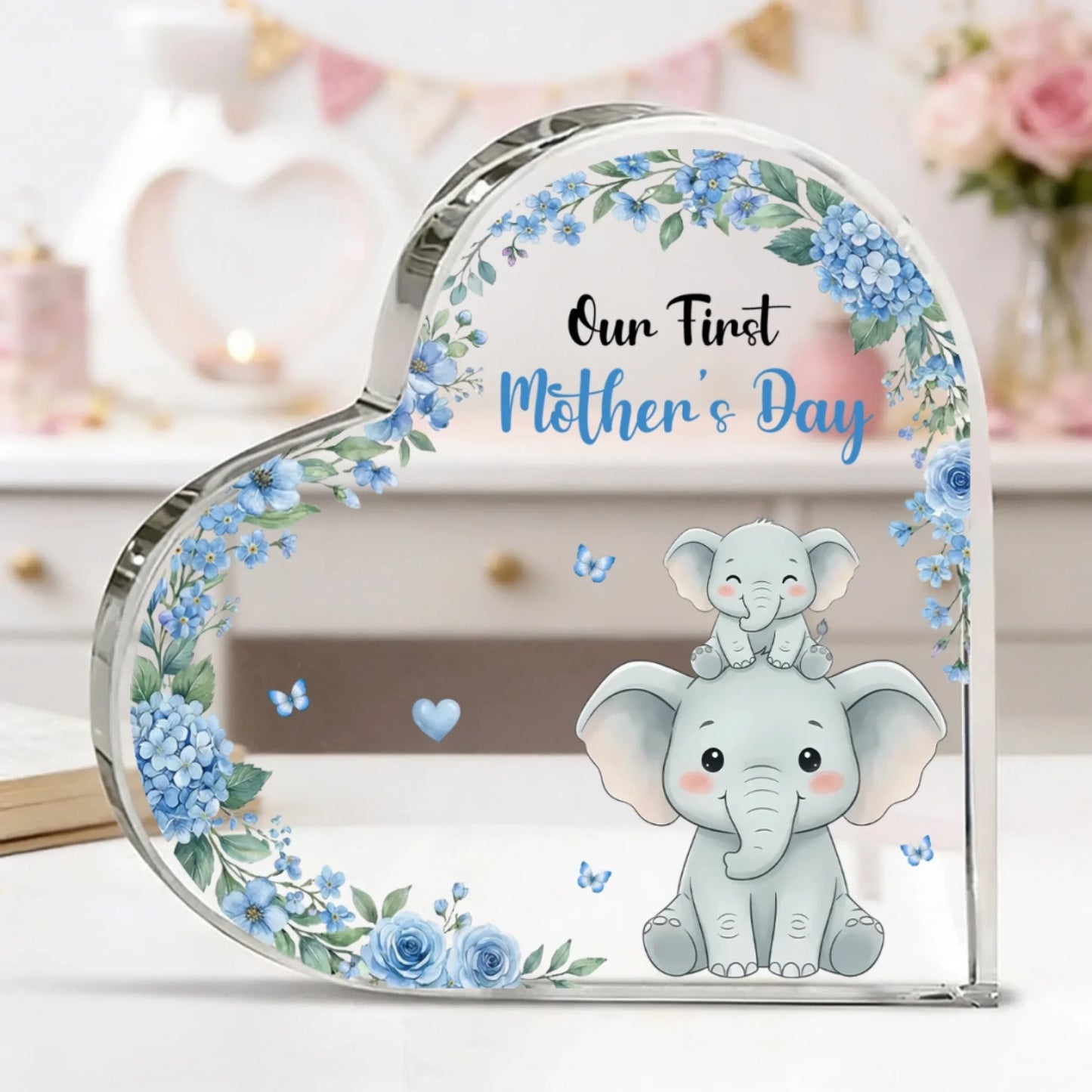 Personalized first mothers day heart acrylic plaque with cute animal and blue flowers front view - Jollimate