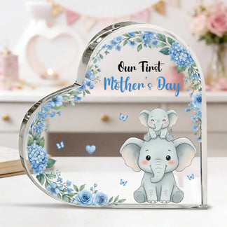 Personalized first mothers day heart acrylic plaque with cute animal and blue flowers front view - Jollimate