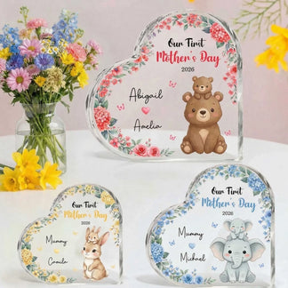 Personalized first mothers day heart acrylic plaque with cute animals and flowers front view - Jollimate