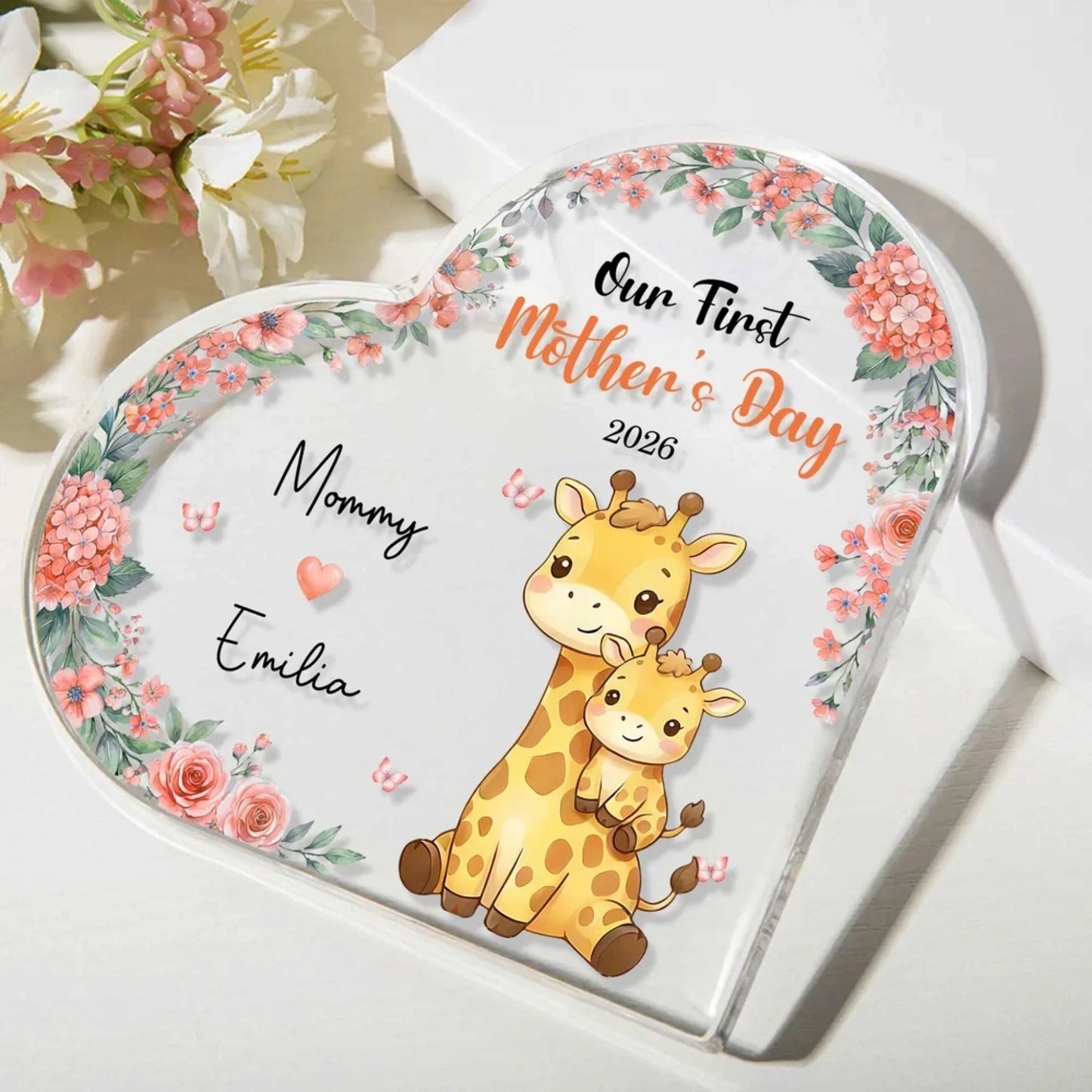 Personalized first mothers day heart acrylic plaque with cute animal and orange flowers front view - Jollimate
