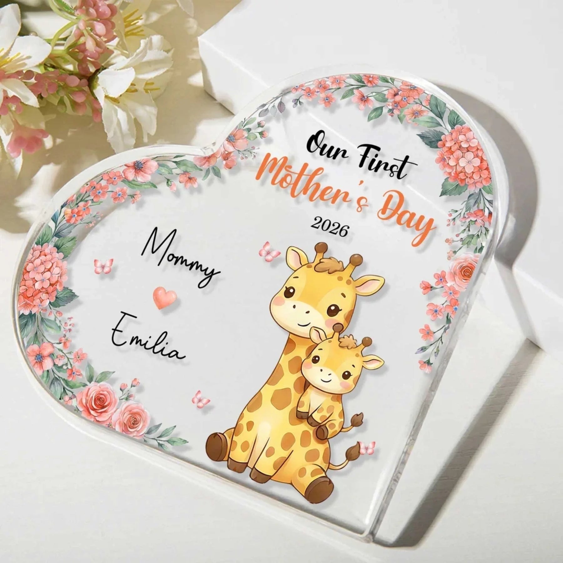 Personalized first mothers day heart acrylic plaque with cute animal and orange flowers front view - Jollimate