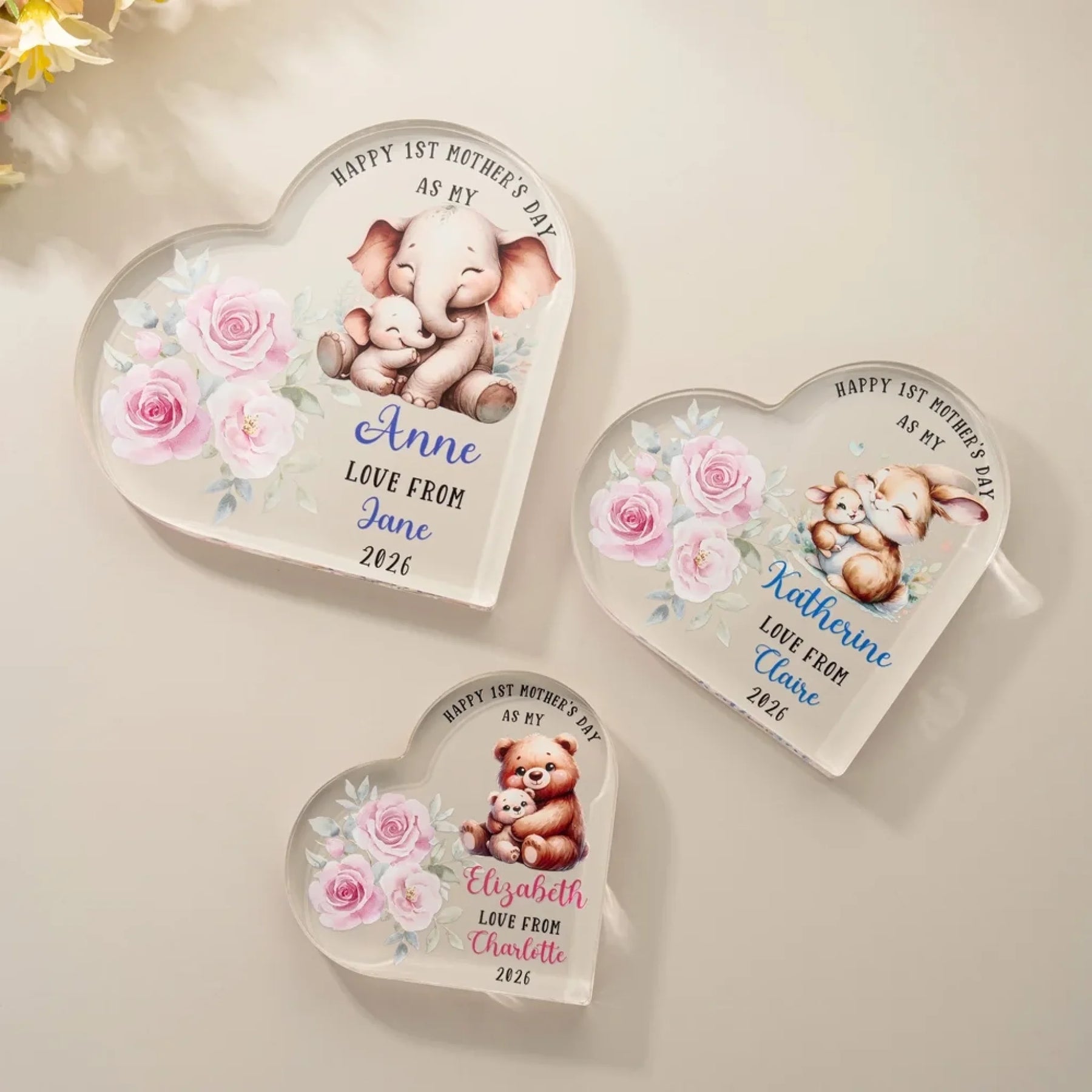 Personalized bunny mom heart acrylic plaque with pink roses and custom names front view - Jollimate