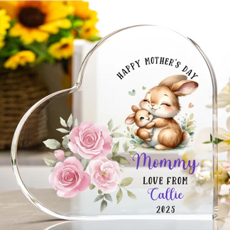 Personalized bunny mom heart acrylic plaque with pink roses and custom names front view - Jollimate