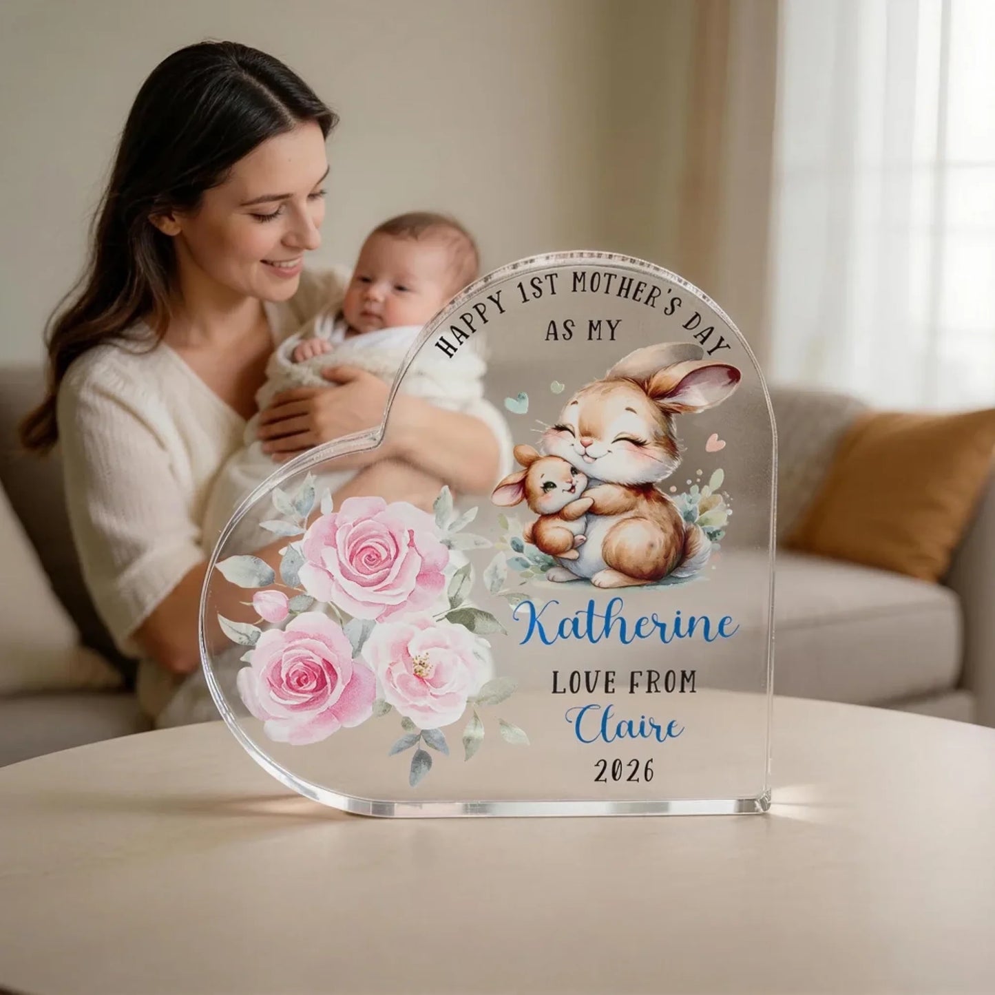 Personalized bunny mom heart acrylic plaque with pink roses and custom names front view - Jollimate