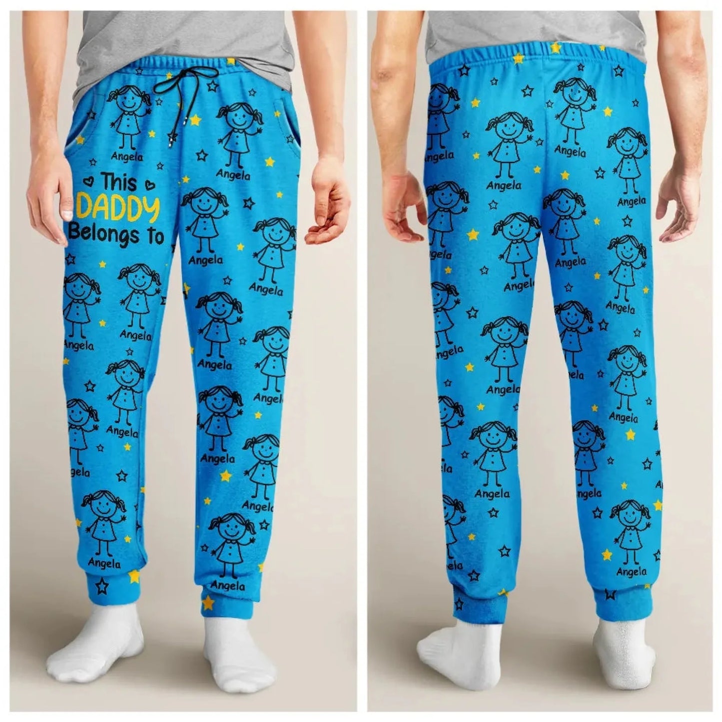 Blue children's pants with cartoon designs and text on a beige background