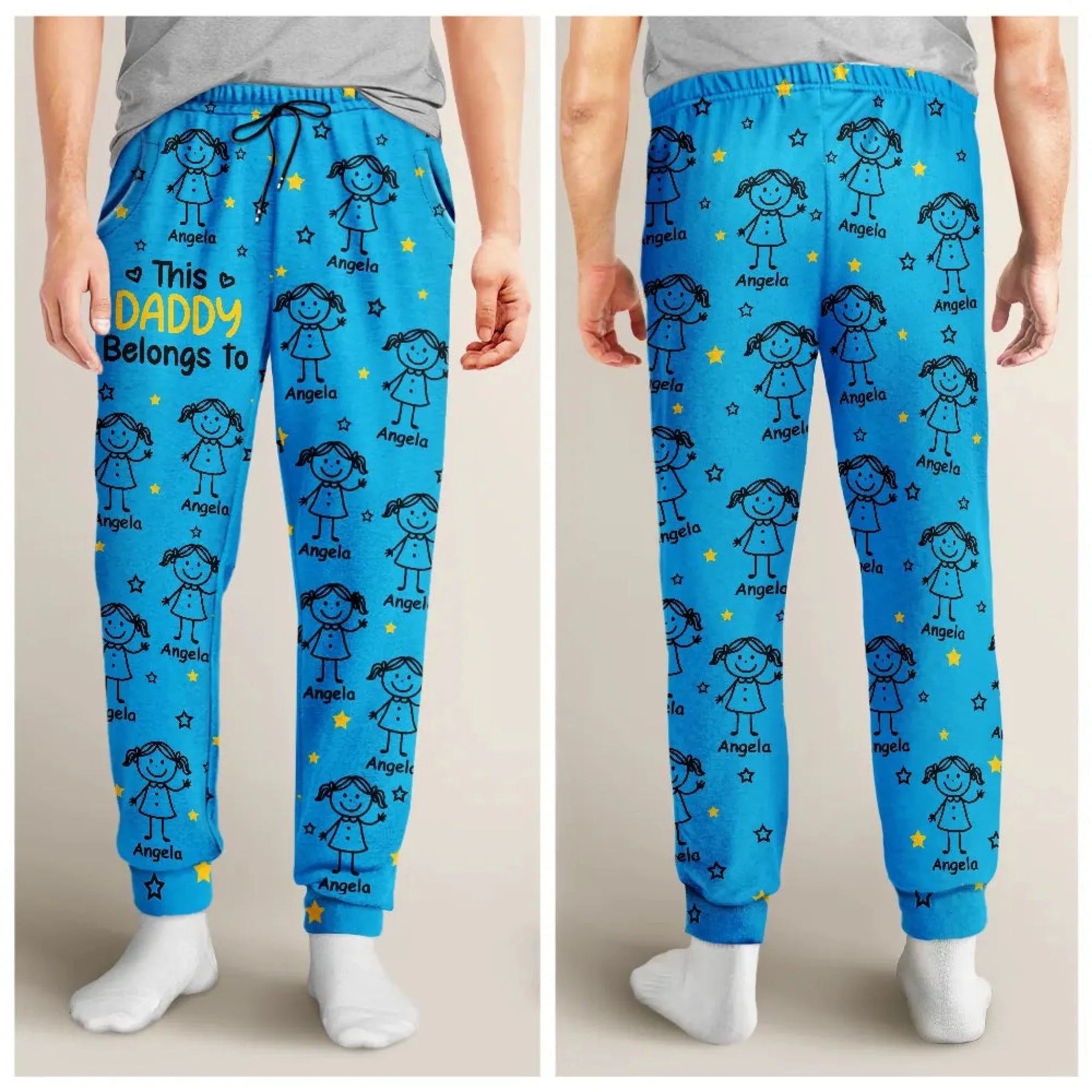 Blue children's pants with cartoon designs and text on a beige background