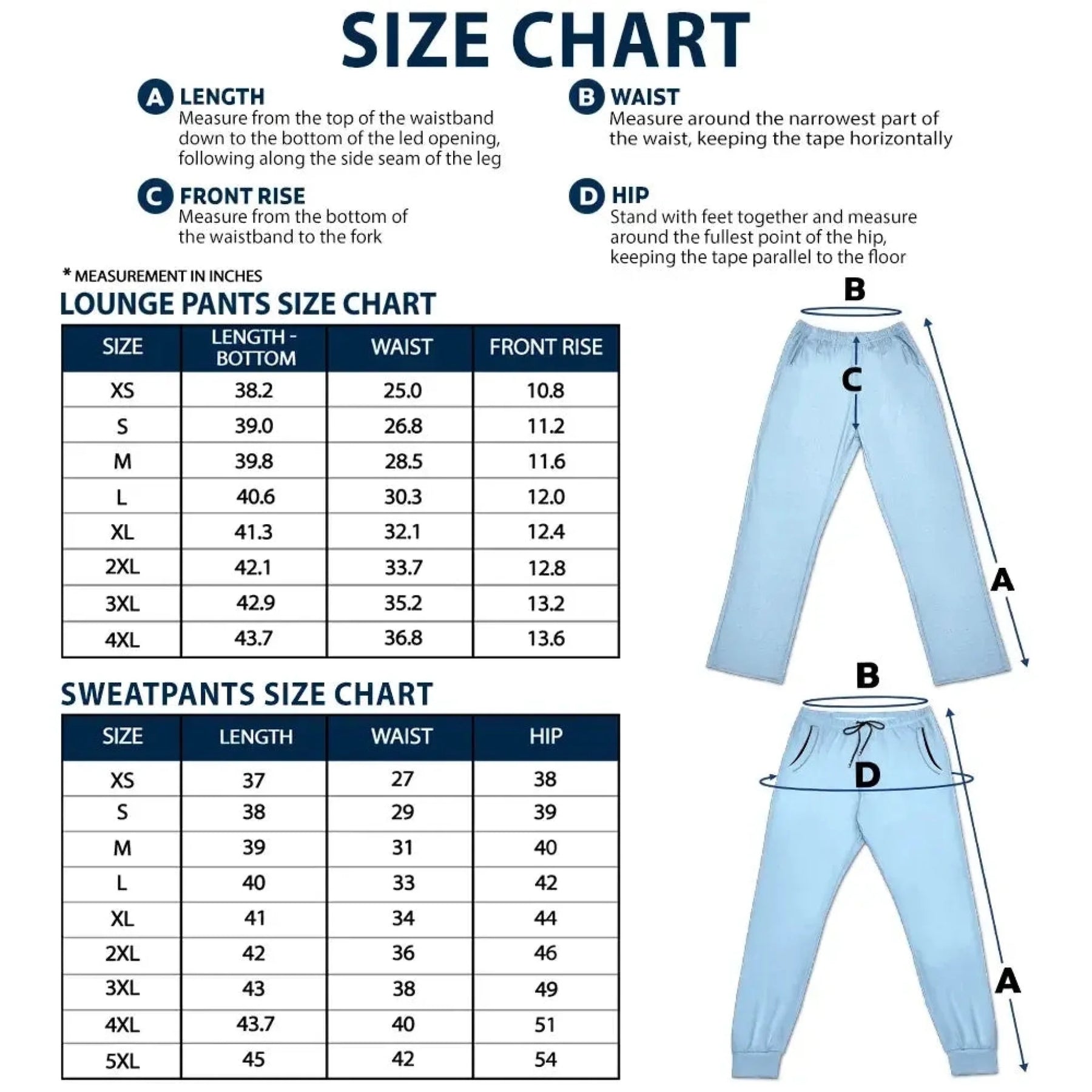 Size chart for lounge pants and sweatpants with measurements and diagrams.