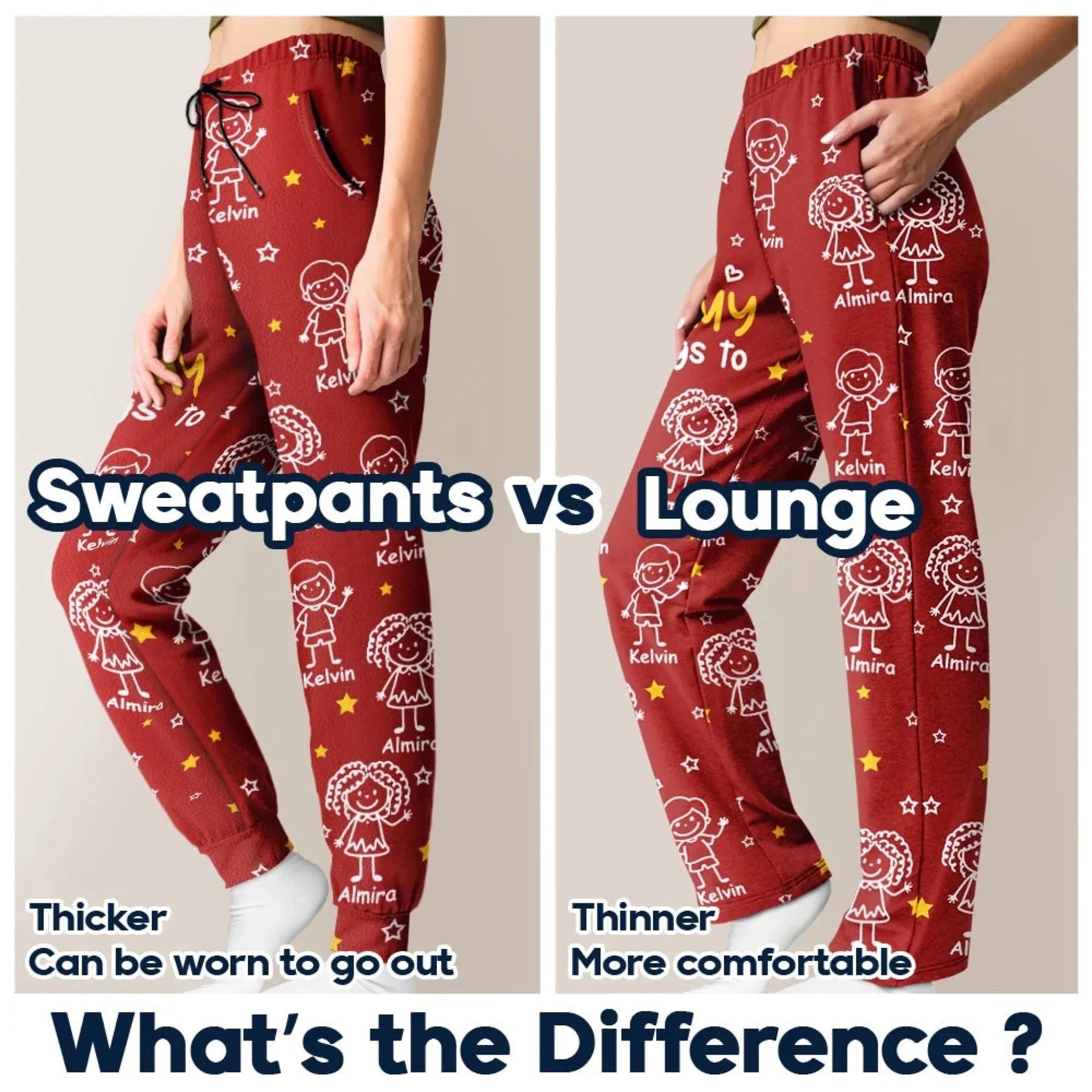 Red sweatpants with white graphics on a neutral background, showing differences between thicker and thinner styles.